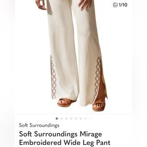 Soft Surroundings Cream Wide-Leg Embroidered Side-Slit Pants
